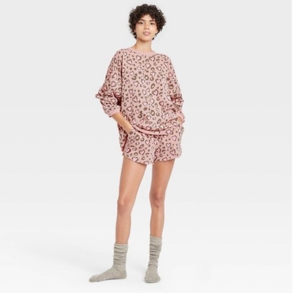 Mighty Fine Sweatshirt Sleep Set Pink with Heart Leopard Print Size XS - Picture 1 of 7